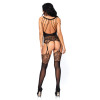 Strappy Rose Lace Suspender Bodystocking - Black - One Size