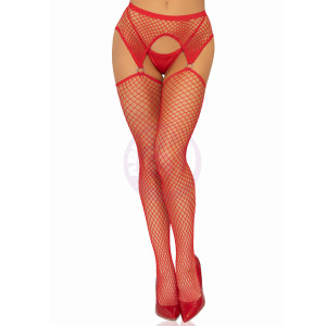 Industrial Net Stocking With O-Ring and Attached  Garter Belt - One Size - Red