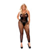 Opaque and Crochet Vertical Striped Footless  Bodystocking - Queen Size - Black