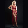 2pc Cut Out Open Front Flyaway Night Gown Adorned Pearl Chains and Panty - One Size - Red Berry