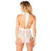 Eyelash Lace Halter Bodysuit With Functional Ties and Back Zipper - White - Small/medium