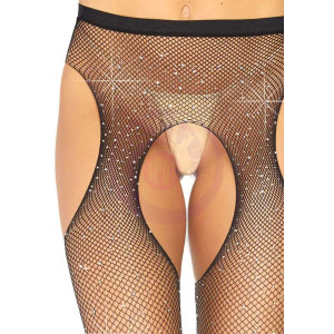 Casey Rhinestone Fishnet Suspender Pantyhose - One Size - Black