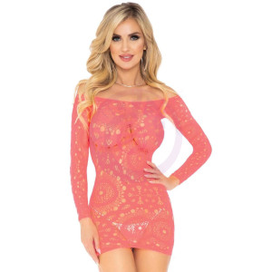 Crochet Lace Long Sleeve Mini Dress - Coral - One Size