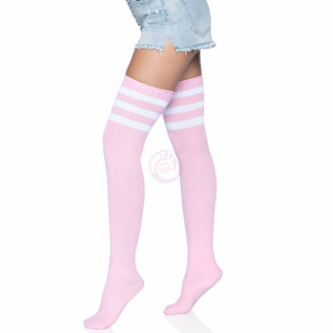 3 Stripes Athletic Ribbed Thigh Highs - One Size - Light Pink