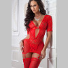 3pc Lacy Garter Mini Dress and Stockings - One Size - Red Desire