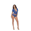 Eyelash Lace Short Sleeve Plunge Cami Top With Matching Panty - Large - Royal Blue