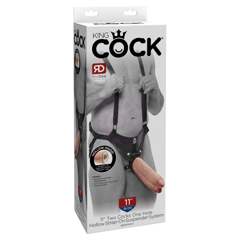 King Cock 11inch Two Cocks One Hole Hollow  Strap-on  Suspender System - Flesh