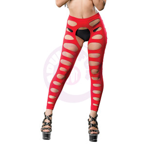 Varigated Holes Crotchless Legging - One Size - Red