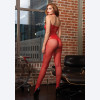 Fishnet Halter Bodystocking With Floral Lace Hourglass Detail - One Size - Red