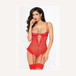 Fishnet & Lace Teddy W/stockings - Red - One Size