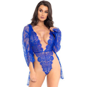 3pc Lace Teddy and Robe Set - Royal Blue - Small