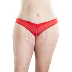 Crotchless Thong With Pearls and Venise Detail - Red - 3x4x