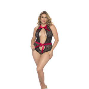 Lace Teddy With Neck & Waist Satin Ties  - Queen Size - Black/red