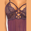 2 Pc Sheer Mesh Lace Babydoll With Matching G-String - Plum - Small/medium
