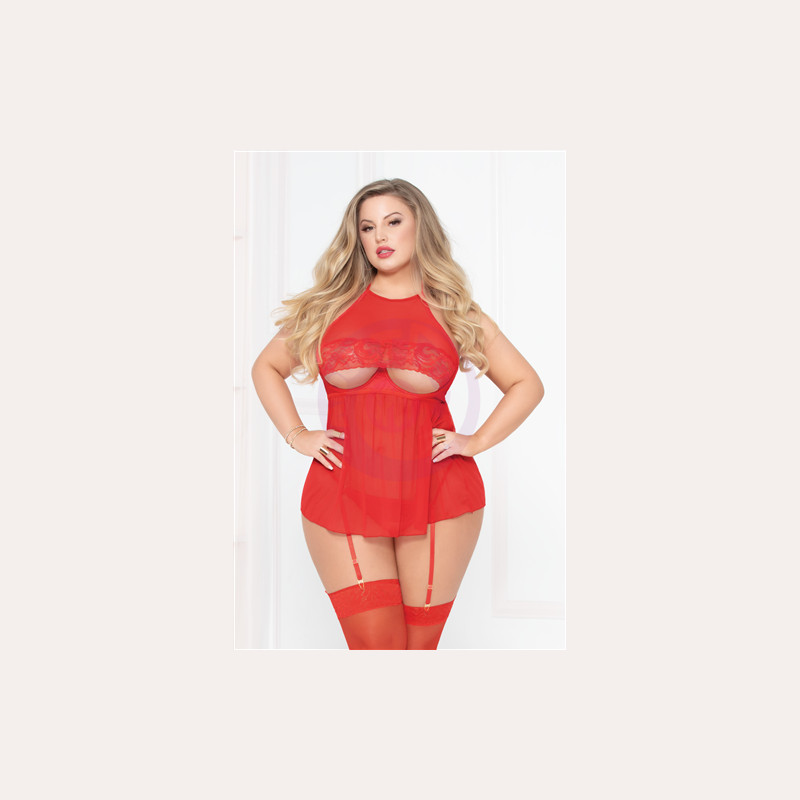 Mesh Babydoll W/thong - Red - Queen Size