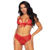 2 Pc. Lace Bralette and Ribbon Tie Crotchless  Panty - One Size - Red