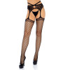 Net Stockings With Attached Strappy Garter Belt - One Size - Black