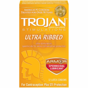 Trojan Stimulations Ultra Ribbed Spermicidal - 12 Pack