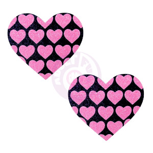 Pink Heart Neon Valentines Black Glitter Heart  Nipple Cover Pasties