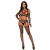 3 Pc Net Crop Top, Garter Stockings, and Matching  Gloves - One Size - Black