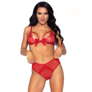 2 Pc. Lace Bralette and Ribbon Tie Crotchless  Panty - One Size - Red
