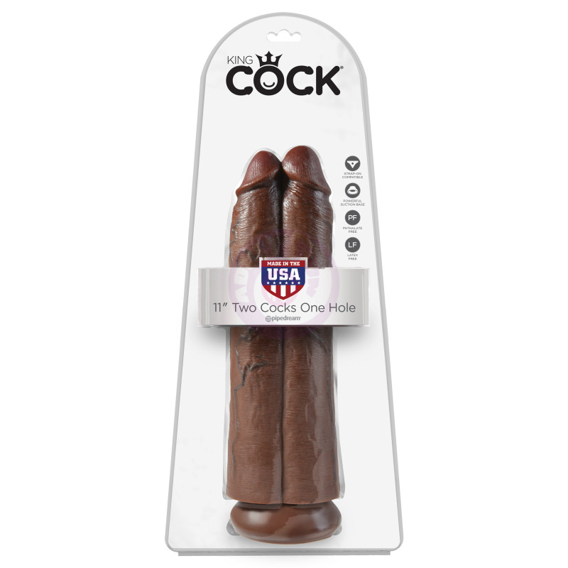 King Cock 11" Two Cocks One Hole - Brown