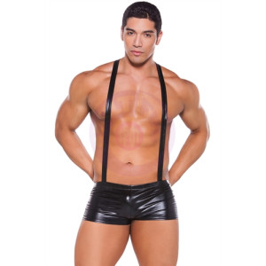 Wet Look Suspender Shorts - One Size - Black