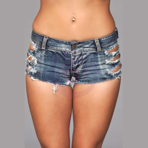 Medium Wash Denim Shorts With Distressed Details on Front and Back Pockets - Large