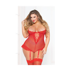 Fishnet & Lace Teddy W/stockings - Red - Queen Size