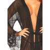 3 Pc Sheer Short Robe With Eyelash Lace Trim and Flared Sleeves - Black - M/l
