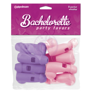 Bachelorette Party Favors 8 Pecker Whistles - Pink and Purple