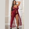 2 Pc Empire Waist Laced Sheer Long Dress and Panty - Mulled Wine