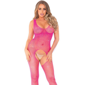 Crystalized Fishnet Tank Bodystocking - Neon Pink  - One Size