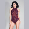 High Neck Scalloped Trim Lace Teddy With Sheer  Back - One Size - Burgundy