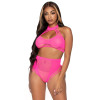 2 Pc. Net Crop Top and High Waist Bottoms - One Size - Neon Pink