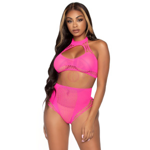 2 Pc. Net Crop Top and High Waist Bottoms - One Size - Neon Pink