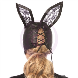 Faux Leather Bunny Mask With Lace Ears - Black