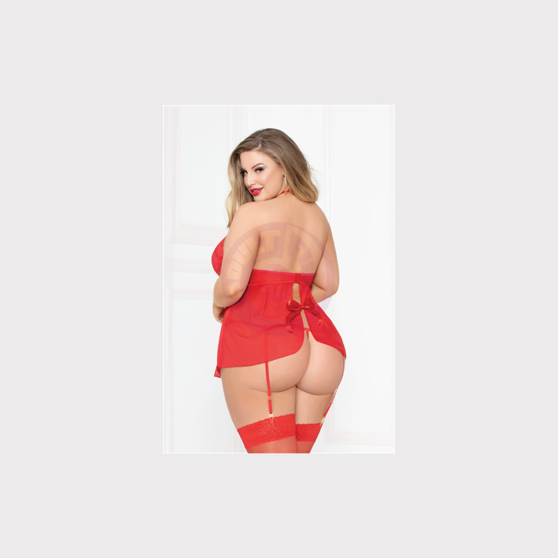 Mesh Babydoll W/thong - Red - Queen Size