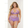 Three Piece Floral Lace Bra, Skirt, and G-String Set - Queen - Lavender