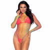 High Neck Fence Net Long Sleeve Bodysuit With Snap Crotch Thong Panty - One Size - Rainbow